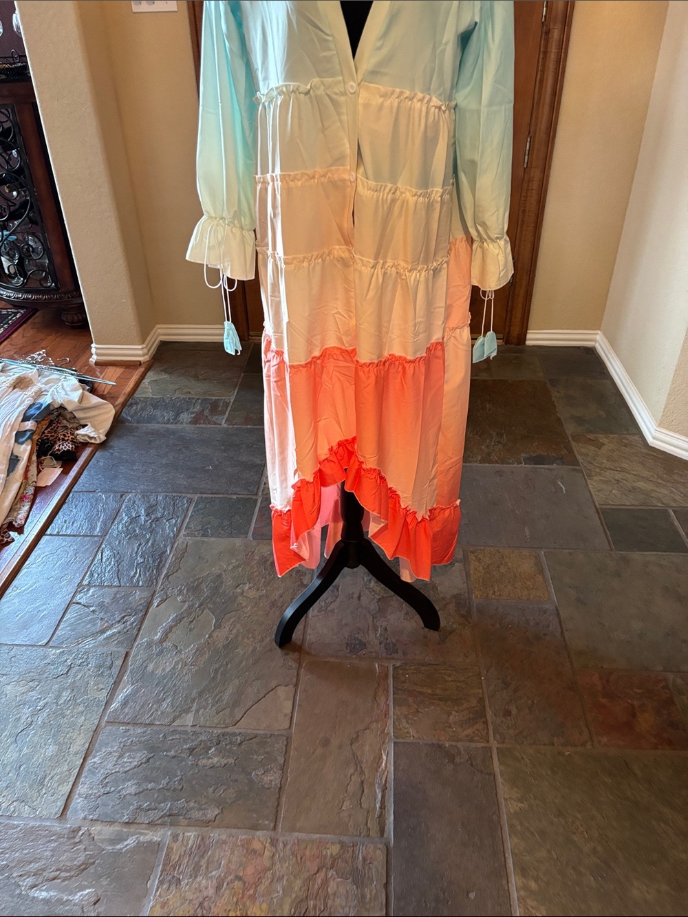 Colorblock Tie-Front Maxi Dress - Mint, Cream & Coral - Picture 5 of 5